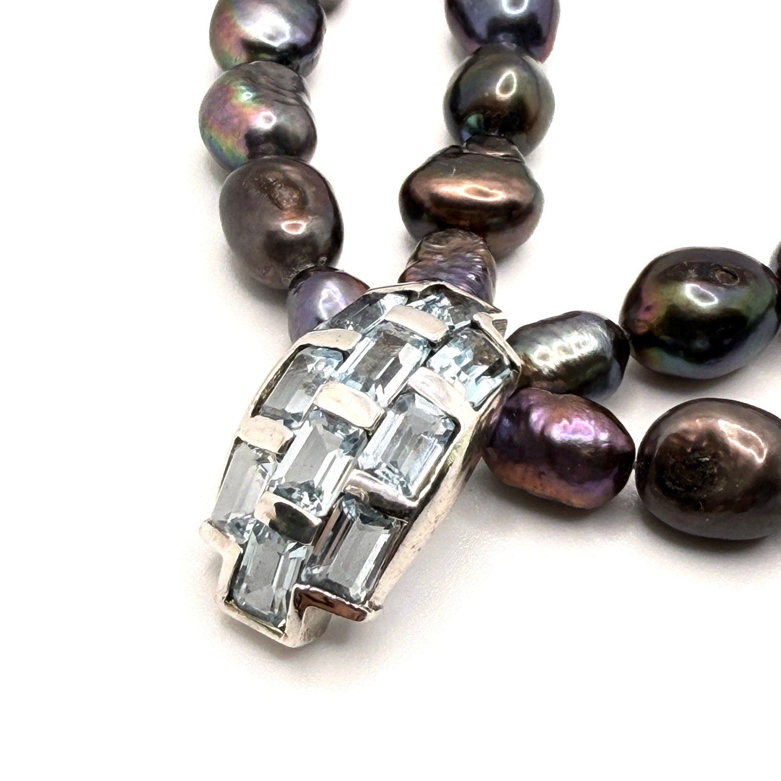Vintage Y2K Peacock Pearl Blue Topaz Sterling Silver Double Strand Necklace