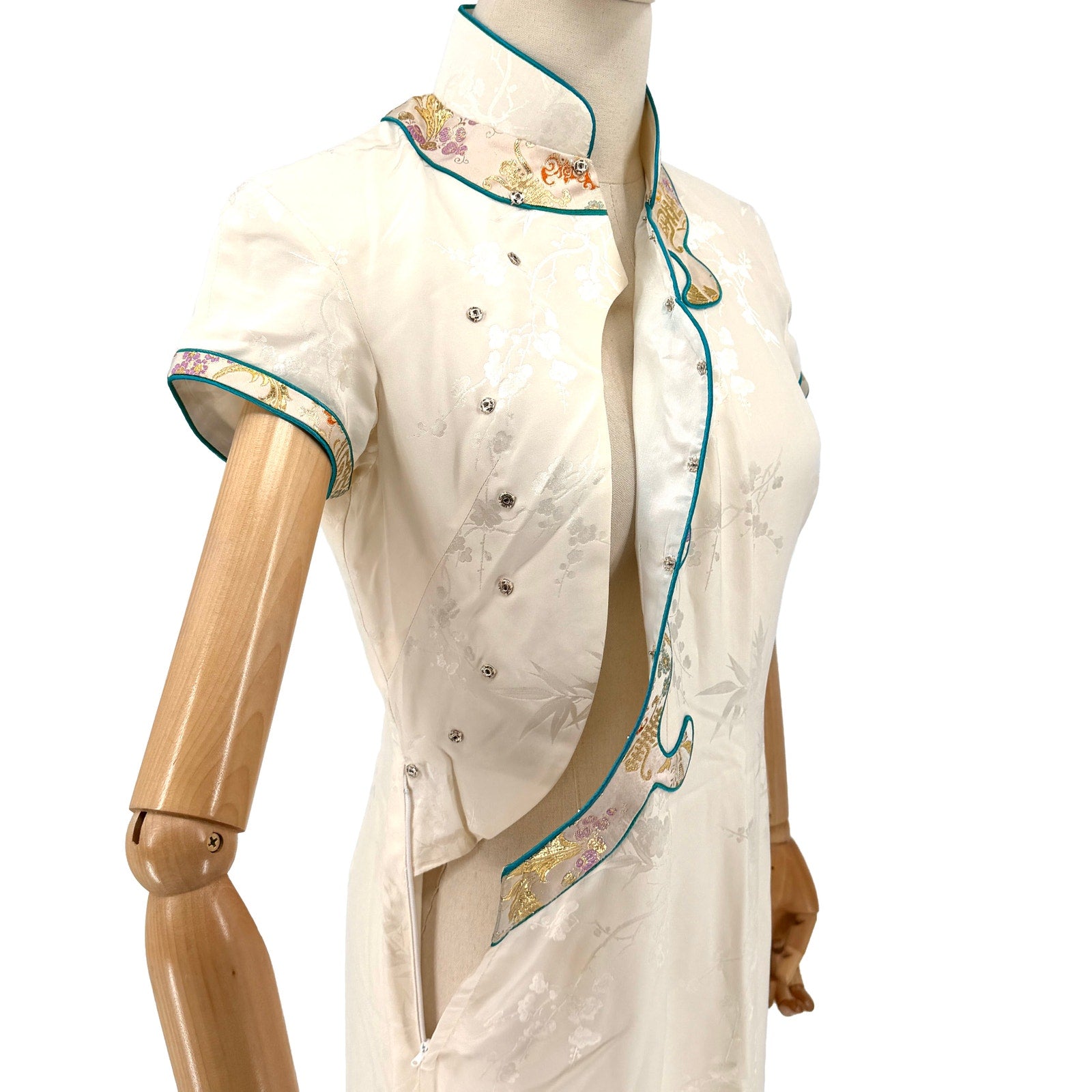 Vintage 90s Cream 100% Silk Brocade Trim Cheongsam Qipao Maxi Dress