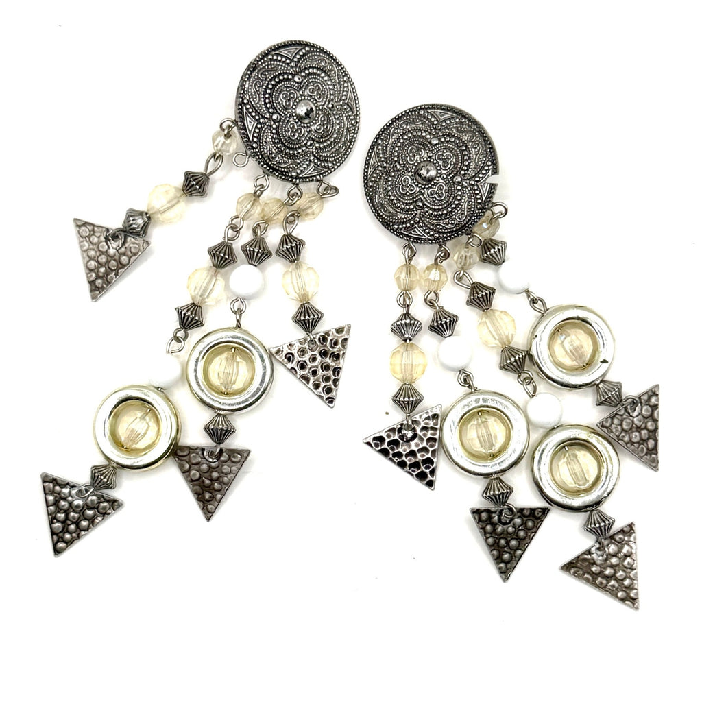 Vintage 80s Silver White Lucite Geometric Chandelier Statement Clip On Earrings