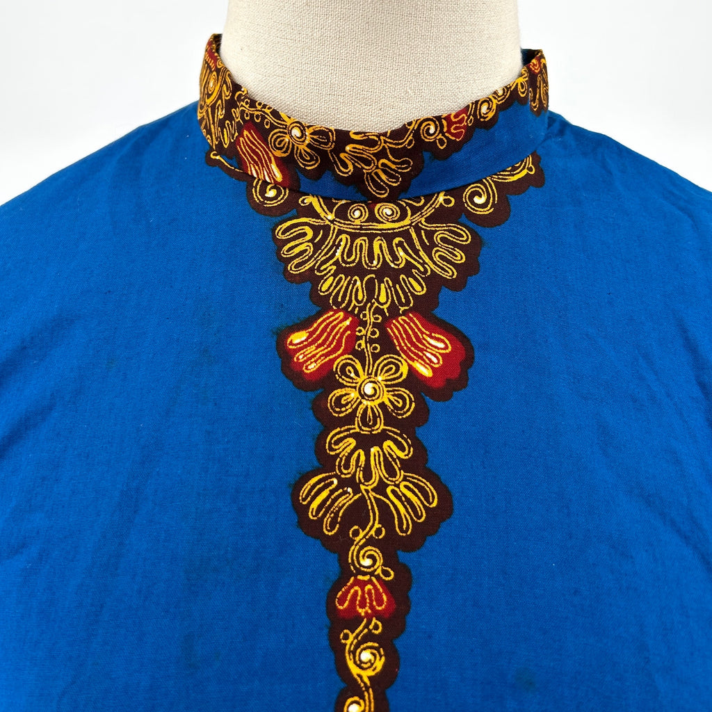 Vintage 70s/80s Bou Boudina Blue Ornate 100% Cotton Tribal Dress