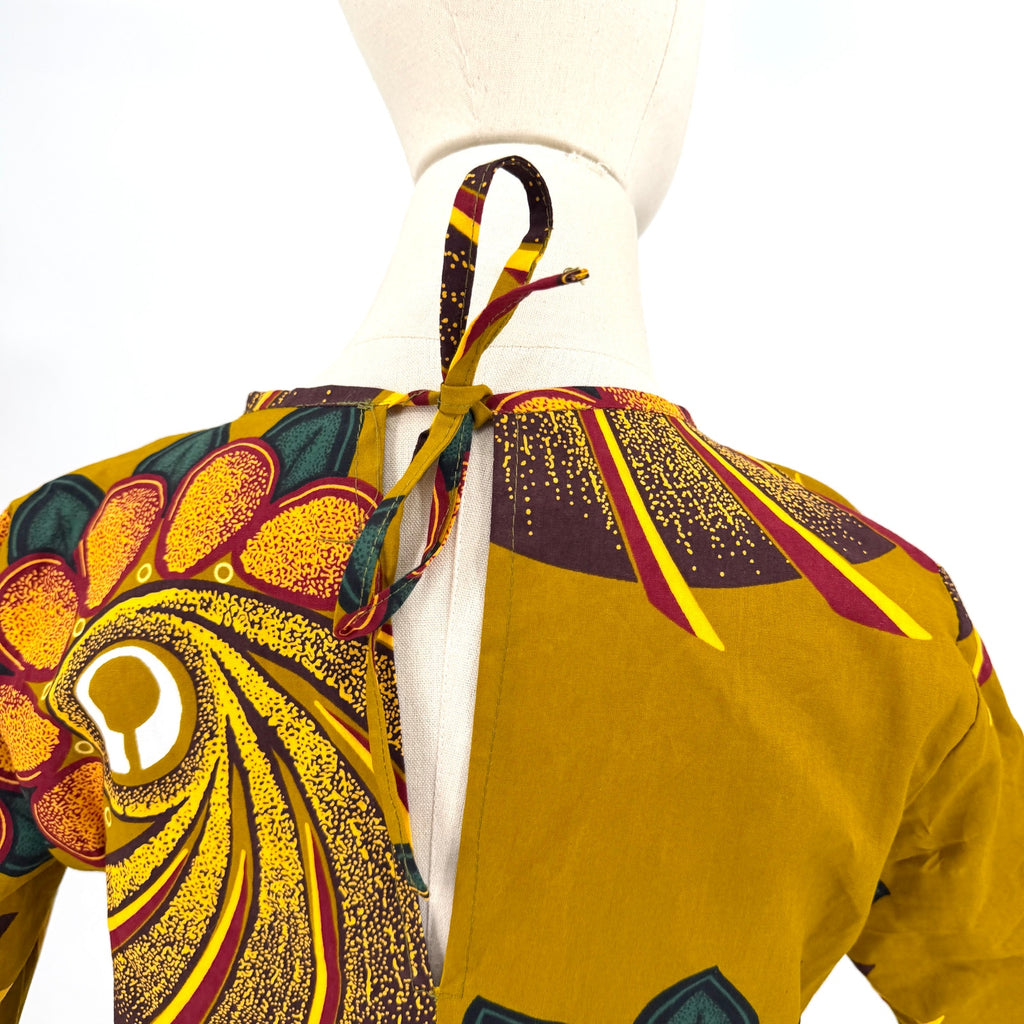 Grass-fields Olive Green Ocher 100% Cotton African Print Bell Sleeve Mini Dress