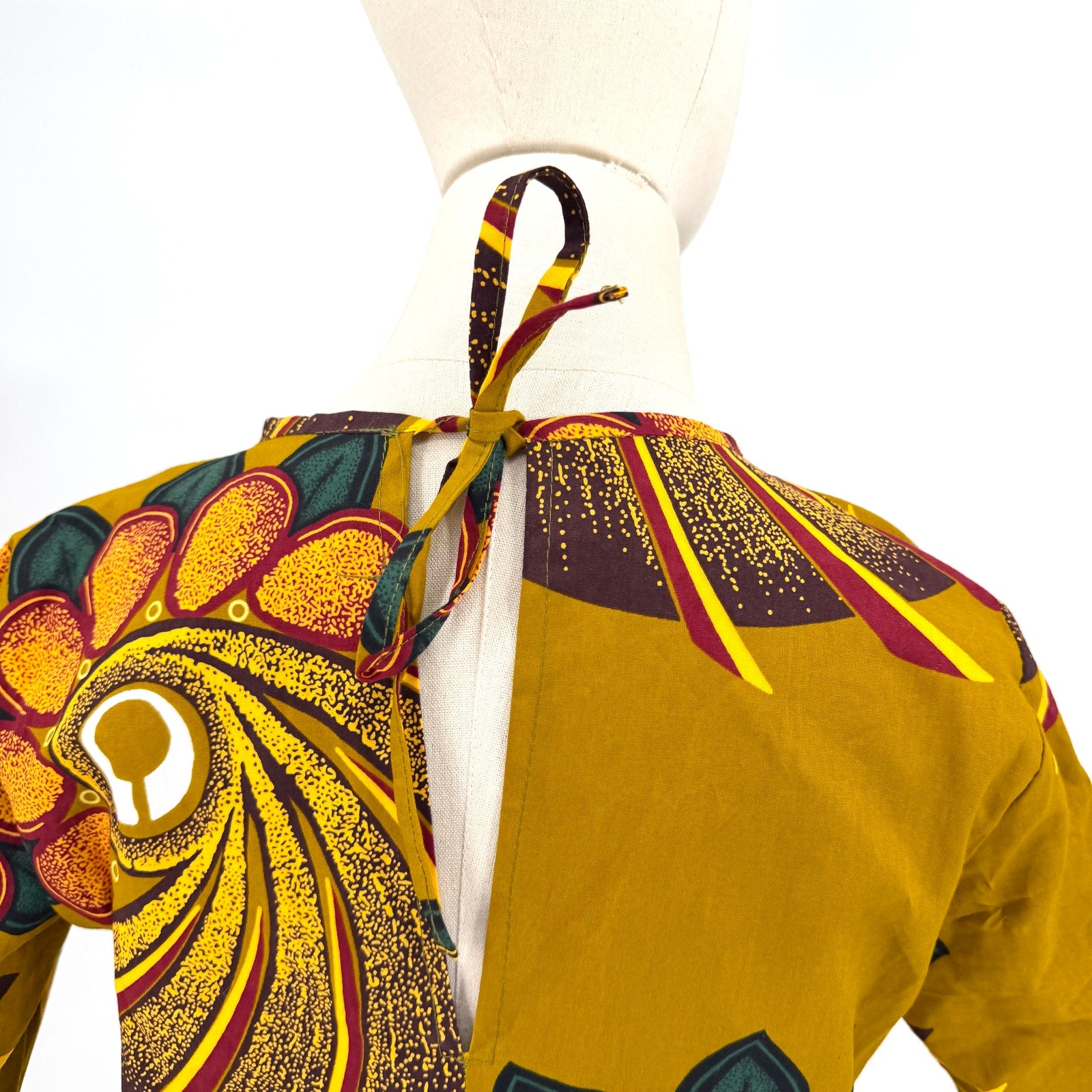 Grass-fields Olive Green Ocher 100% Cotton African Print Bell Sleeve Mini Dress