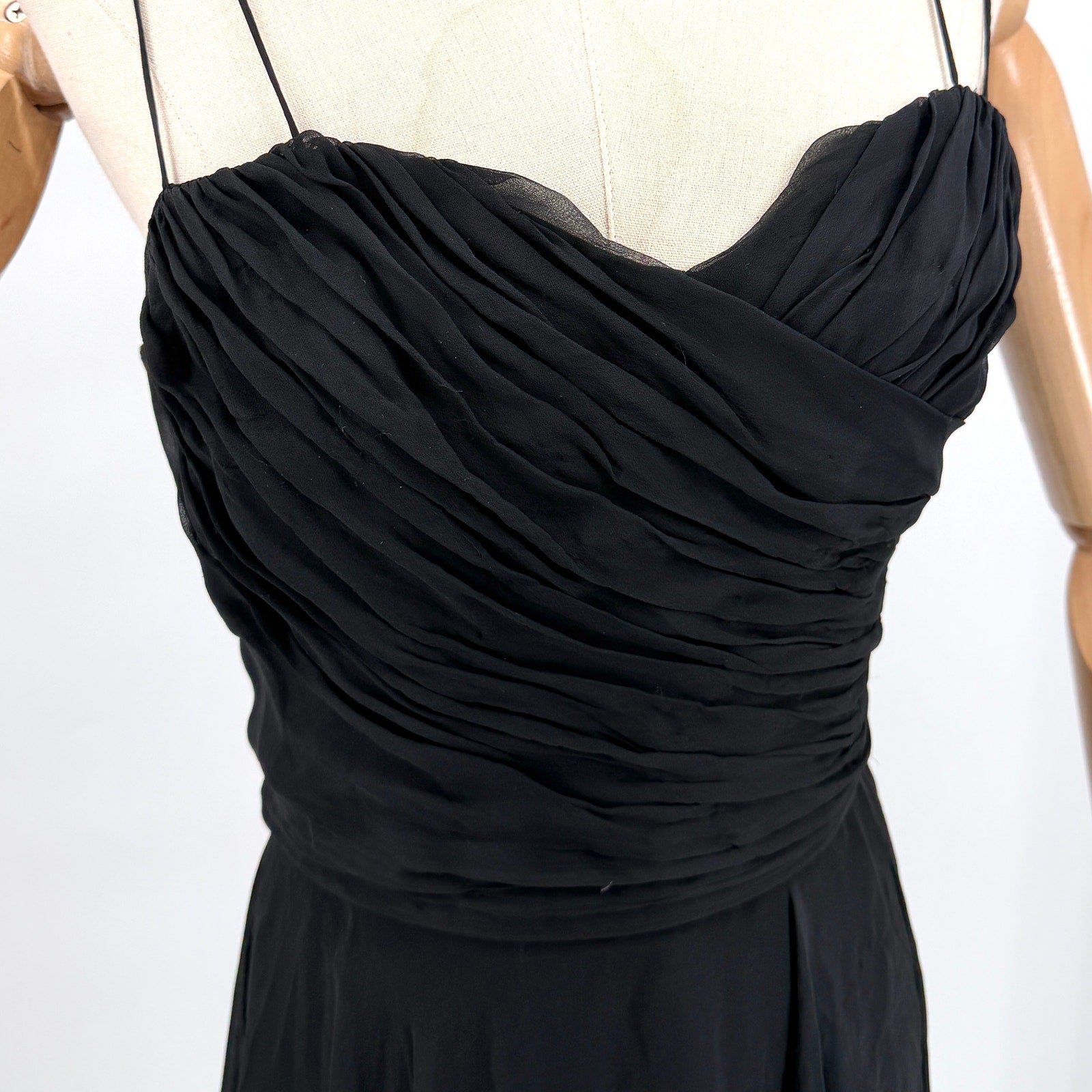 Vintage 50s Black 100% Silk Chiffon Ruched Bodice Stays Cocktail Dress