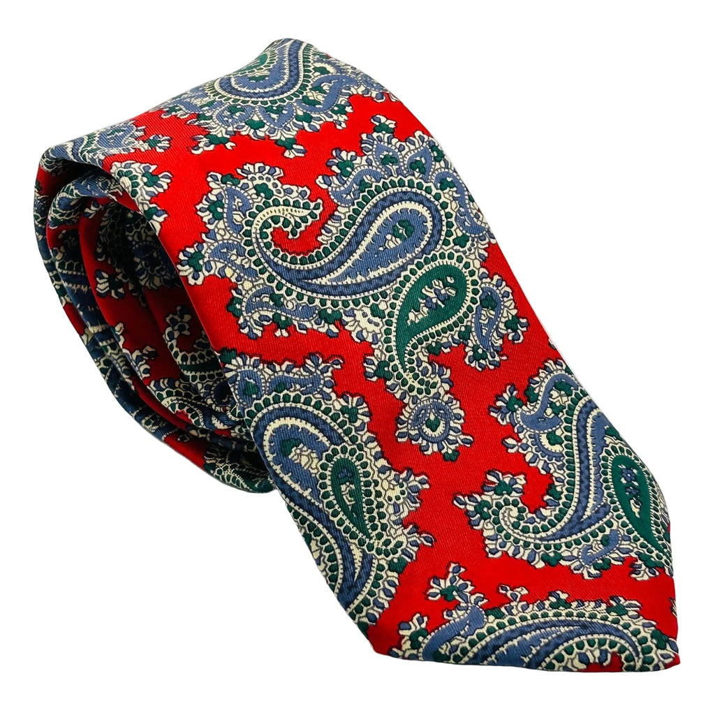 Vintage 80s Liberty of London Red Blue Green Paisley Silk Necktie