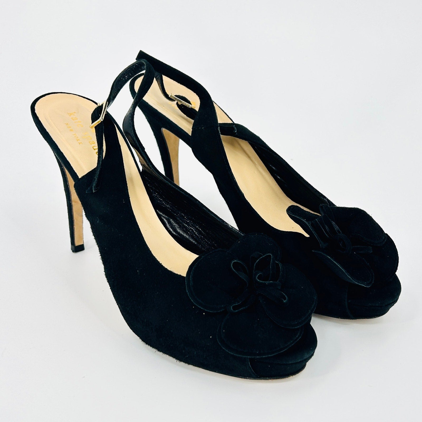 Kate Spade Black Genuine Suede Leather Rosette Platform Slingback Heels