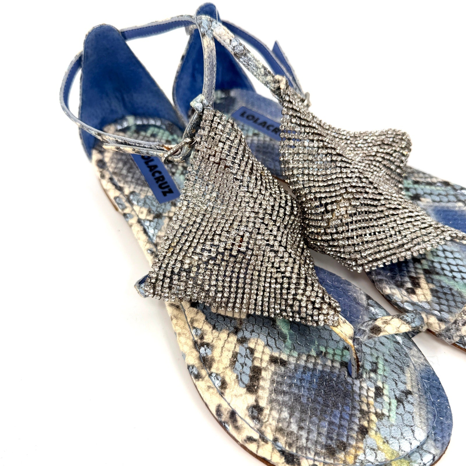 Lola Cruz Blue Snakeskin Genuine Leather Crystal Mesh Thong Sandals