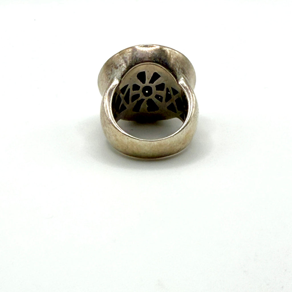Vintage 90s Signed Black Enamel Rhinestone Sterling Silver Dome Cocktail Ring