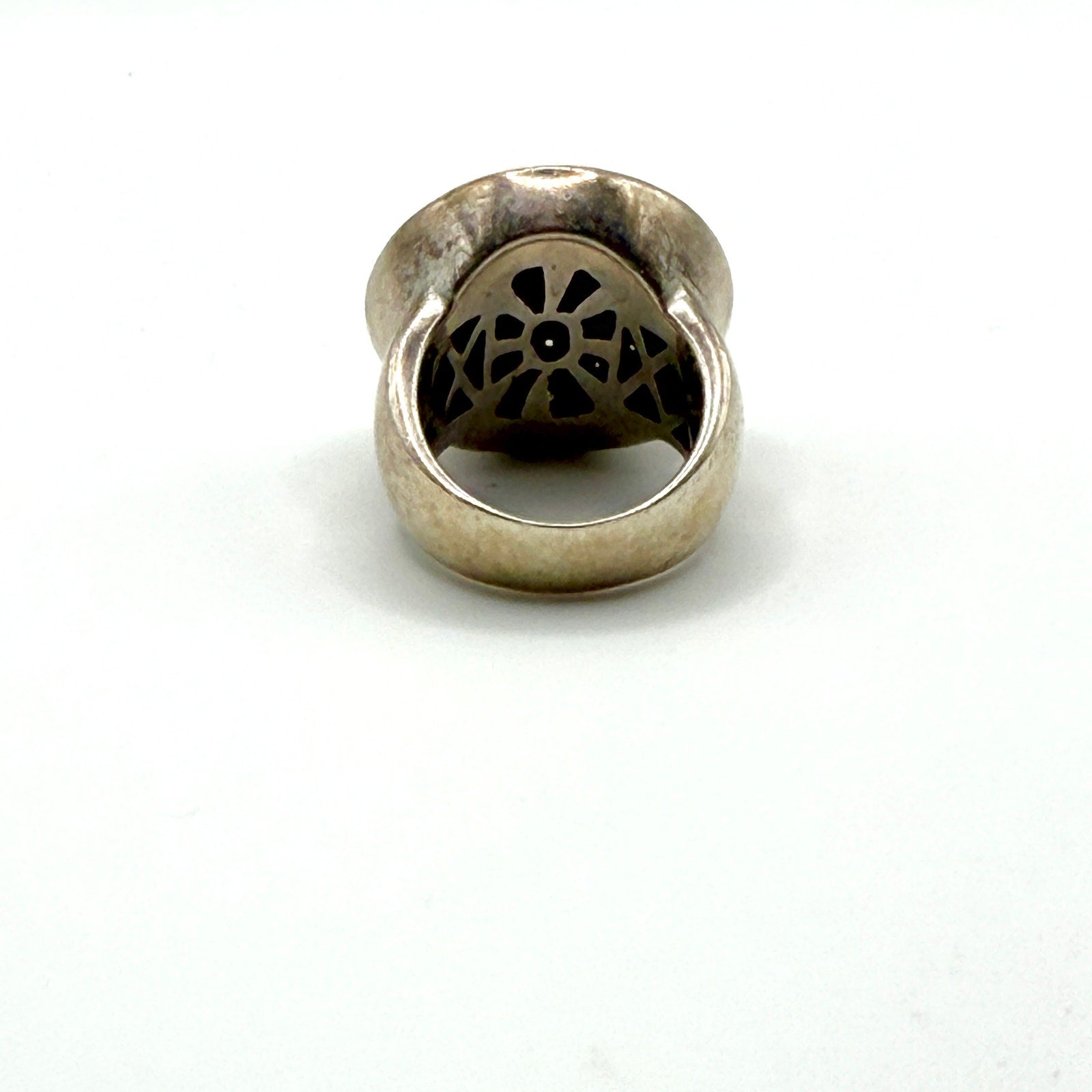 Vintage 90s Signed Black Enamel Rhinestone Sterling Silver Dome Cocktail Ring