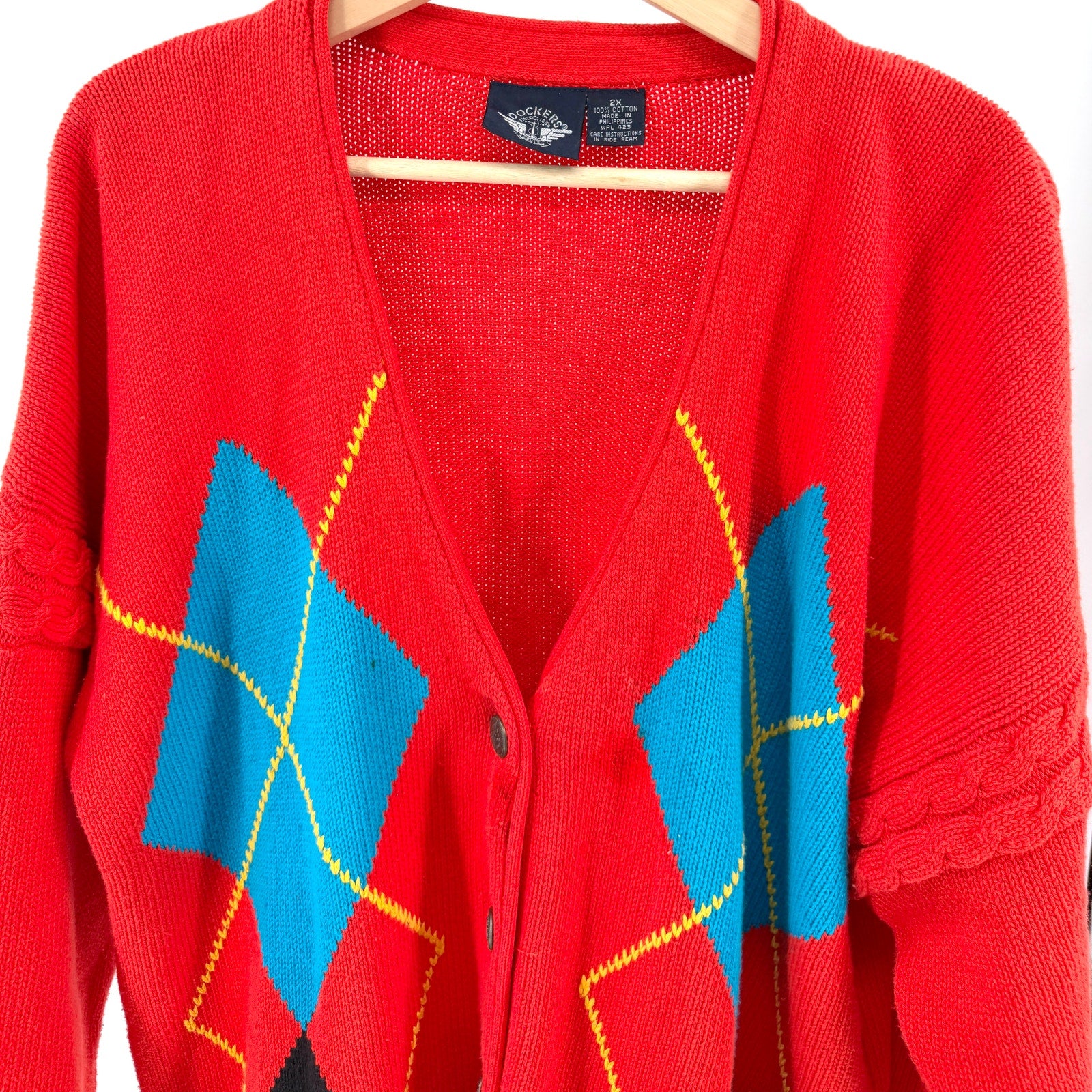 Vintage 90s Dockers Red 100% Cotton Oversized Argyle Cardigan Sweater