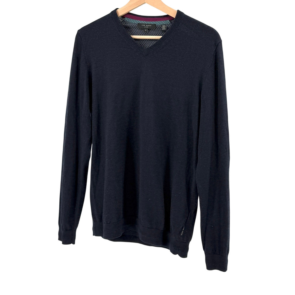 Ted Baker Navy Blue 100% Merino Wool Minimalist V-Neck Sweater