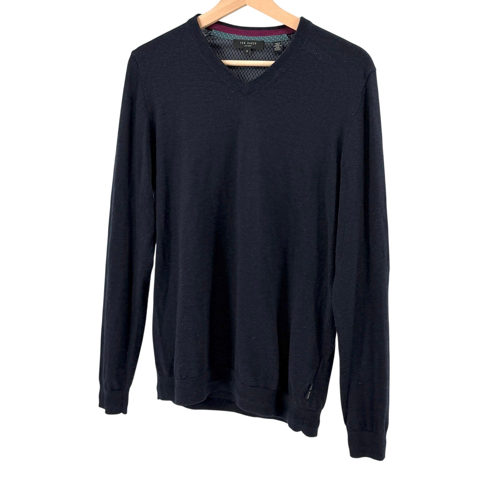 Ted Baker Navy Blue 100% Merino Wool Minimalist V-Neck Sweater