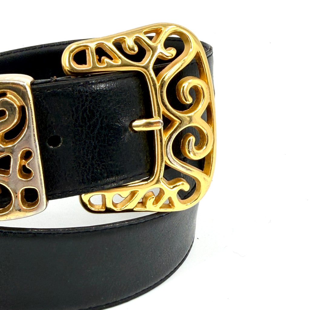 Vintage 90s Donna Katz Black Western Ornate Gold Filigree Hardware Belt