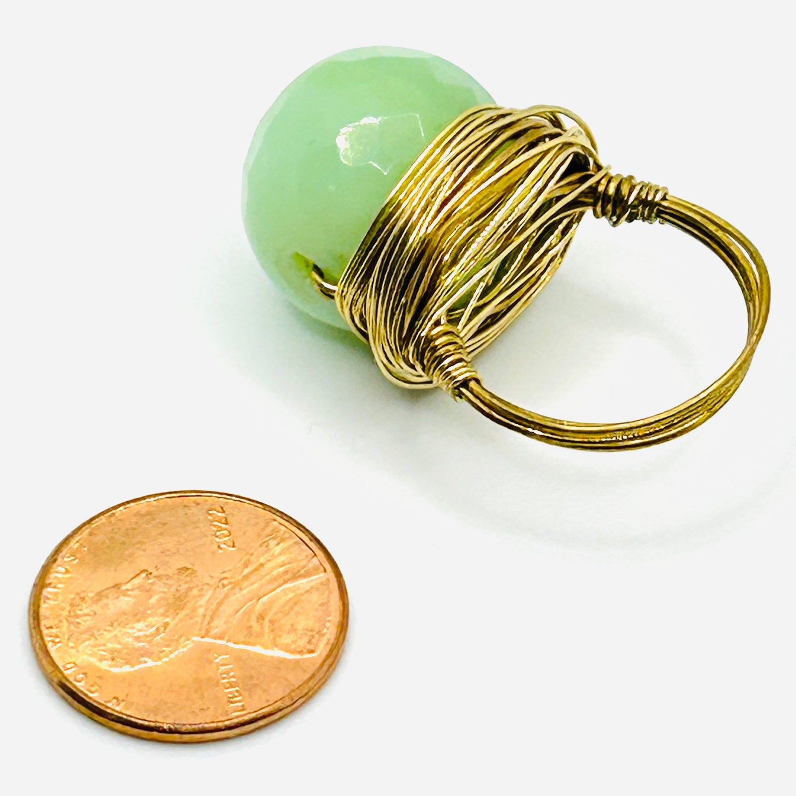 Green Jade Gold Wire Wrapped Statement Ring