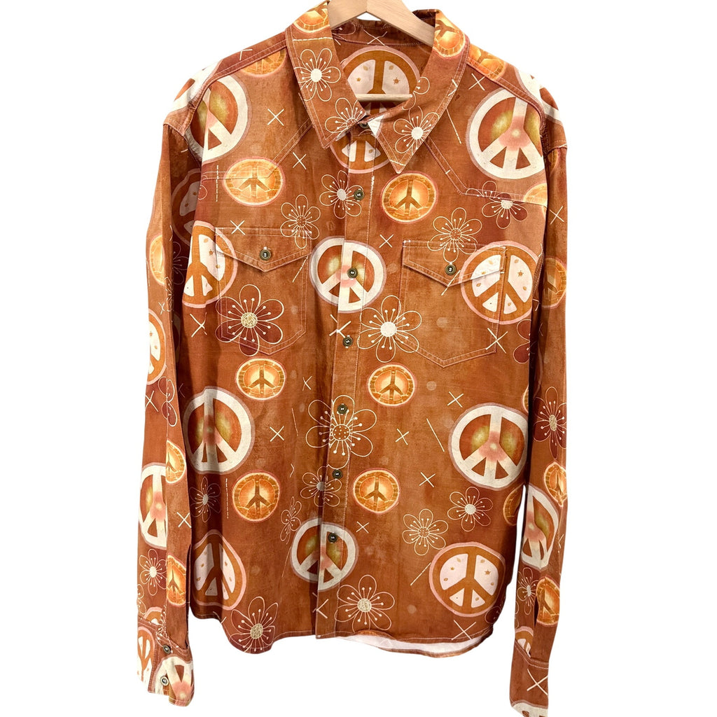 Ocher 100% Cotton Peace Sign Western Button Shirt