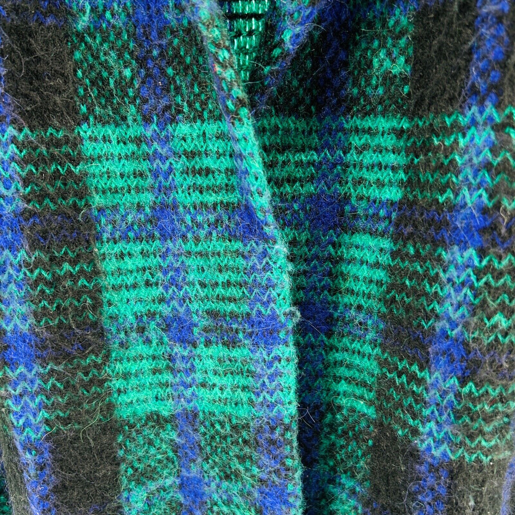 Vintage 80s Samuel Jason Green Blue Plaid Oversized Shoulder Pad Knit Cardigan