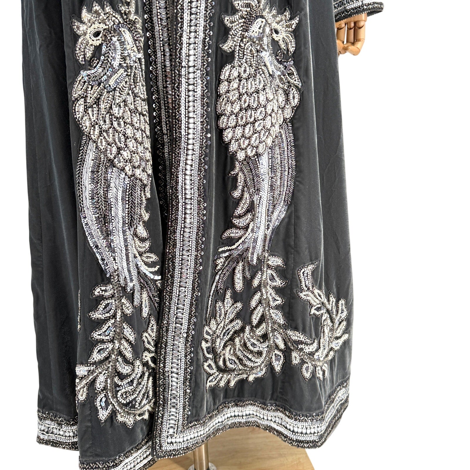 Soft Surroundings Gray Velvet Heavily Beaded Silver Duster Coat