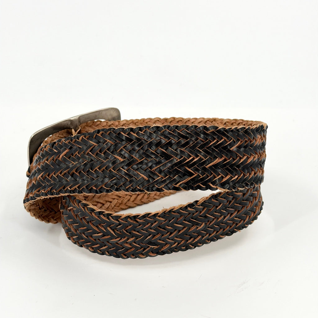 Vintage 90s Black Tan Genuine Leather Boho Western Woven Braided Belt