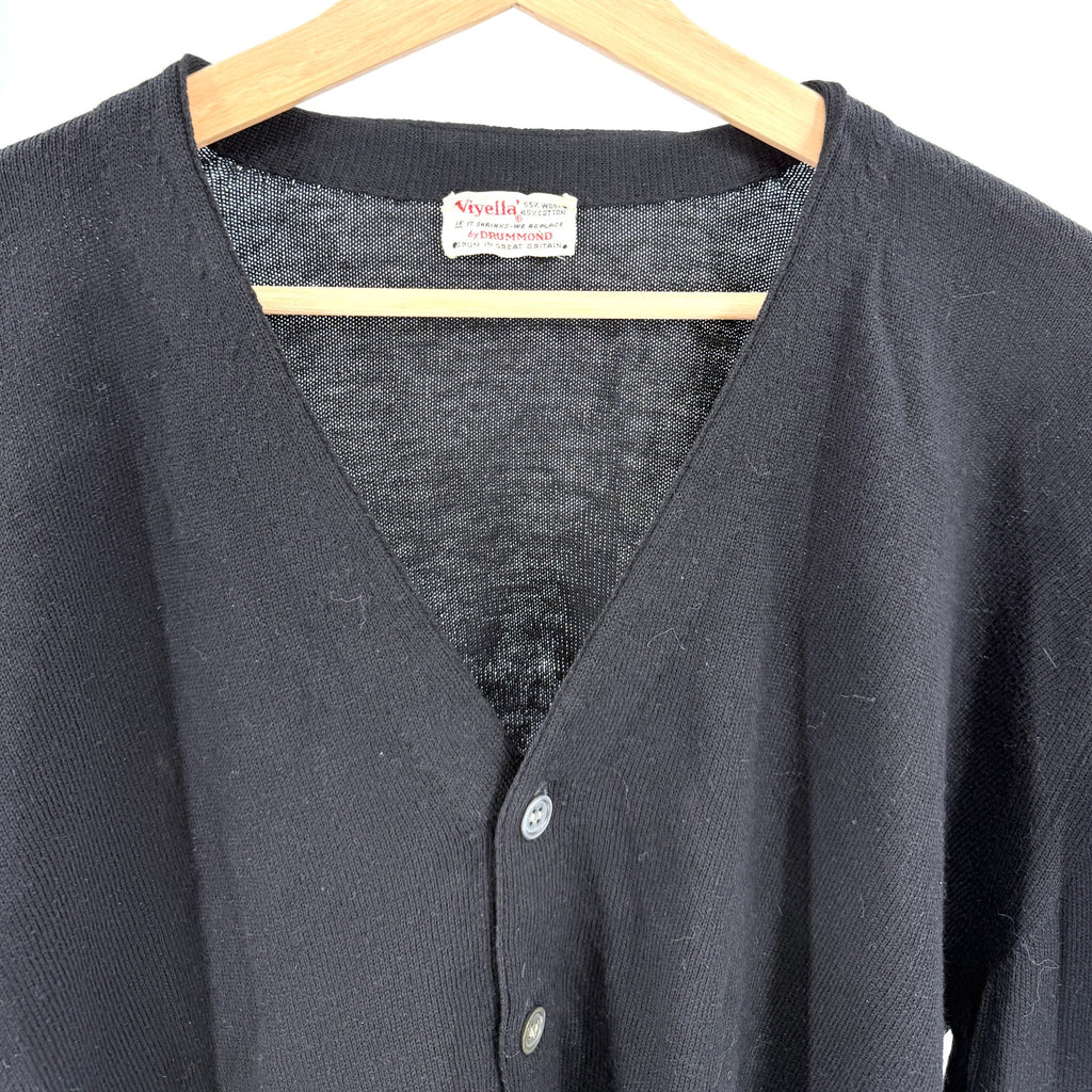 Vintage 70s Drummond Black Wool Cotton V-Neck Knit Button Cardigan Sweater