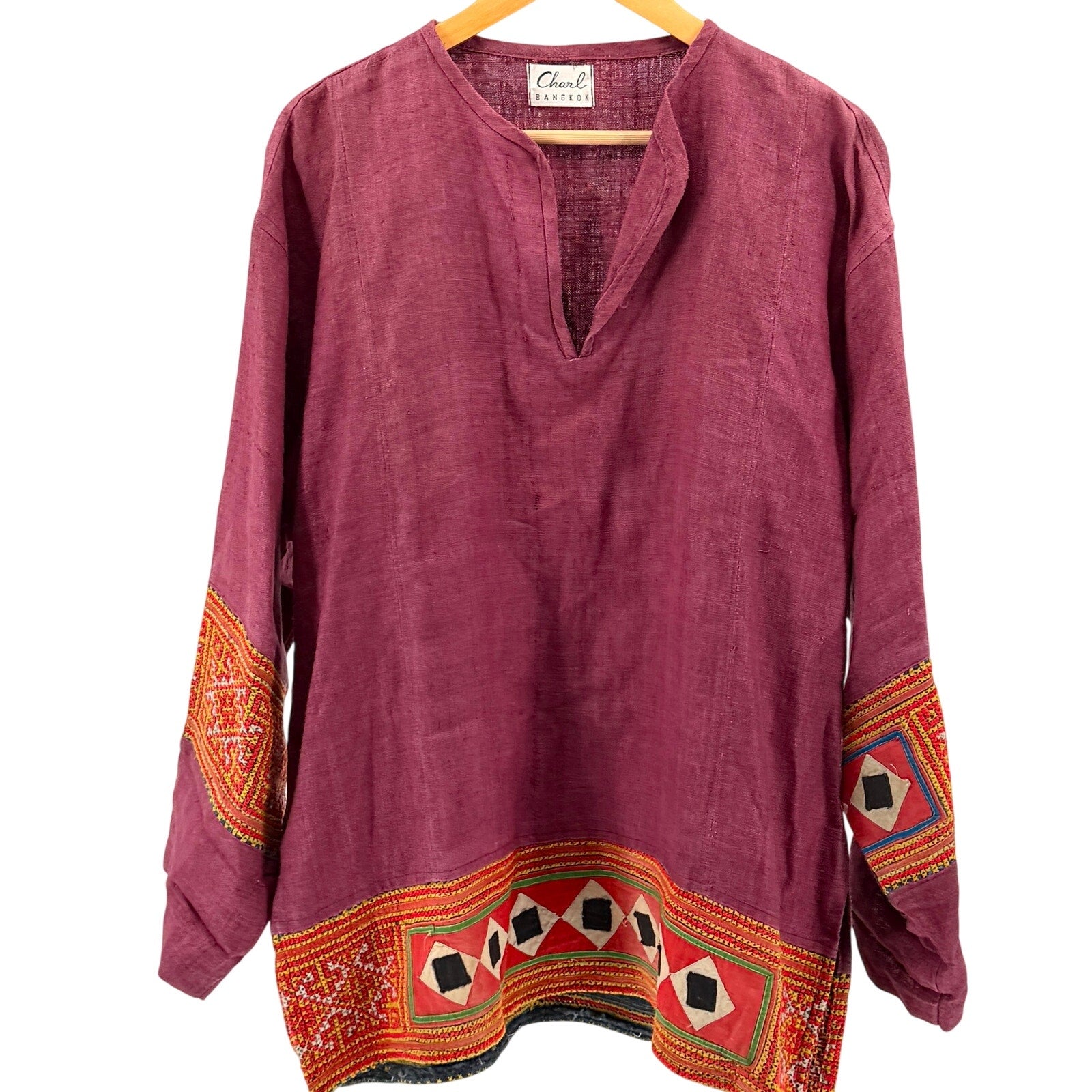 Vintage Y2K Charl Bangkok Wine Heavy Hmong Embroidery Woven Tunic