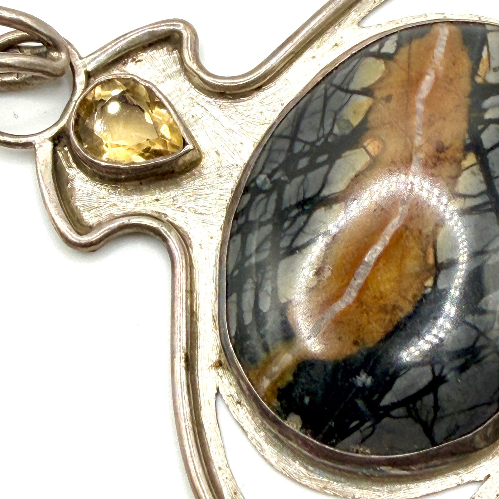 Vintage 90s Spiderweb Jasper Citrine Sterling Silver Boho Statement Pendant