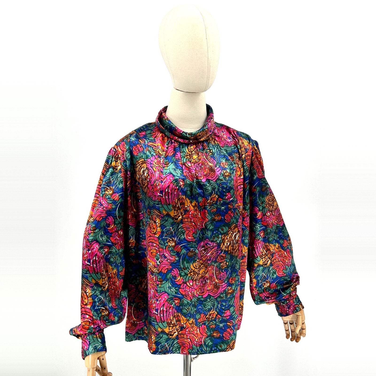 Vintage 80s Marlis Multicolor Abstract Satin High Neck Blouse