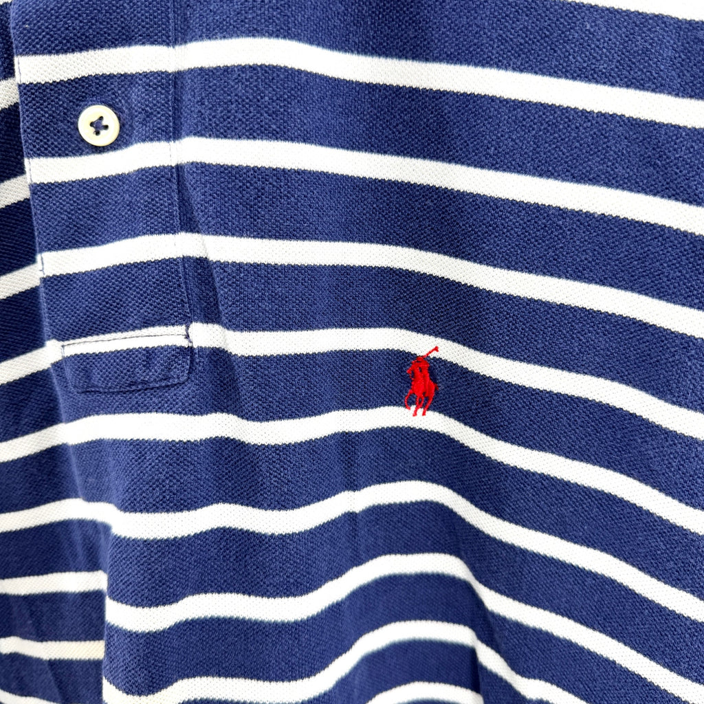 Vintage 90s Polo Ralph Lauren Navy Blue White Striped 100% Cotton Polo Shirt