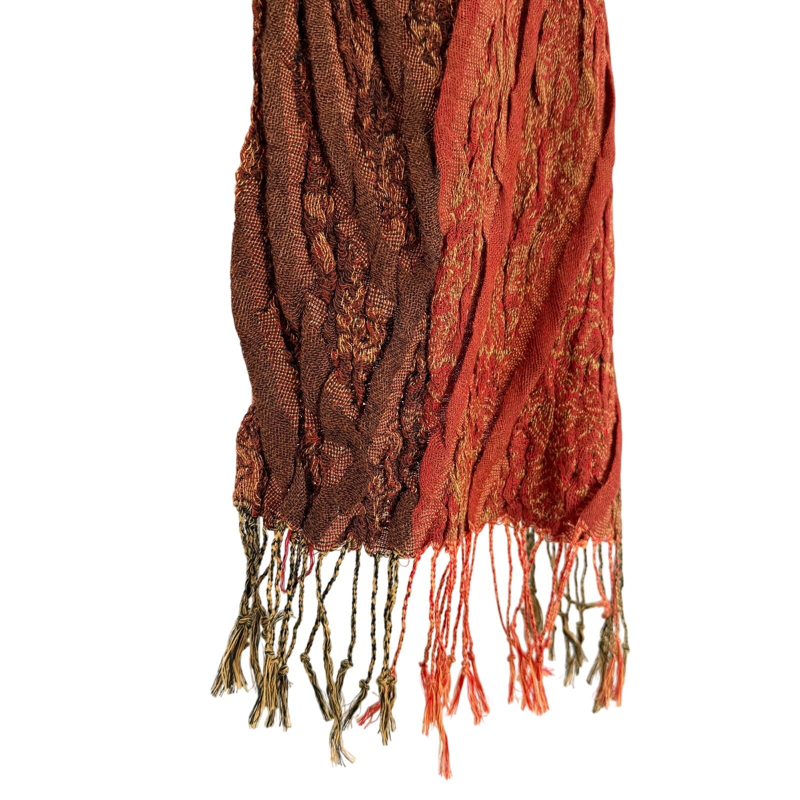 Vintage Y2K Pashmina Red Orange Woven Boho Textured Fringe Scarf