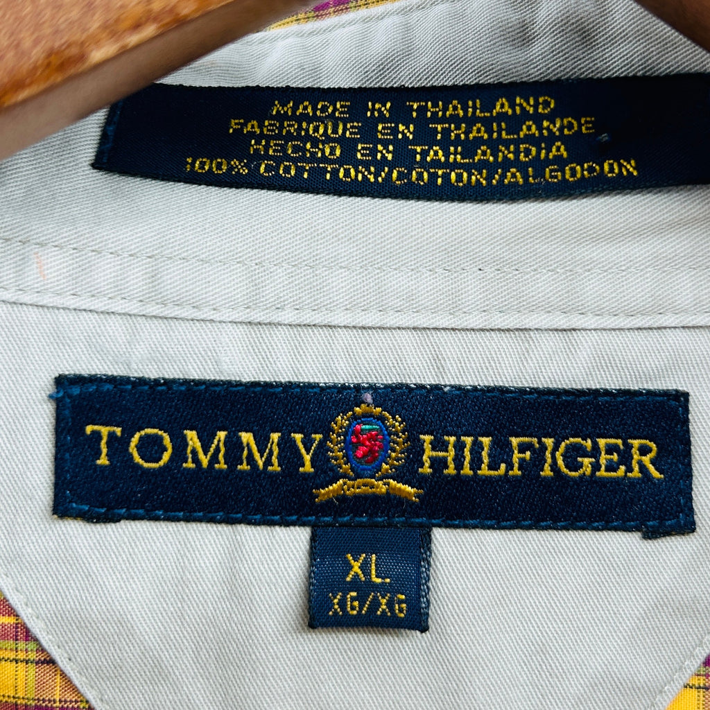 Vintage 90s Tommy Hilfiger Yellow Red Plaid Cotton Button-Down Shirt