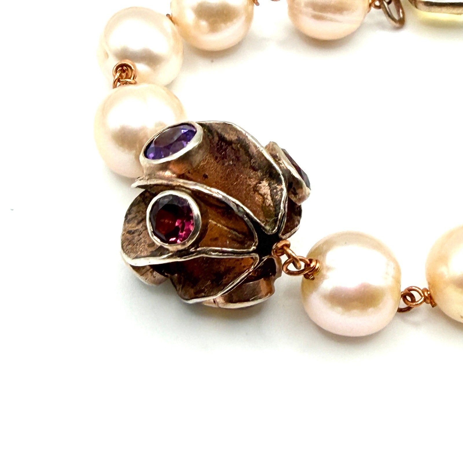 Vintage Y2K Pink Pearl Amethyst Citrine Topaz Wire Wrapped Station Necklace