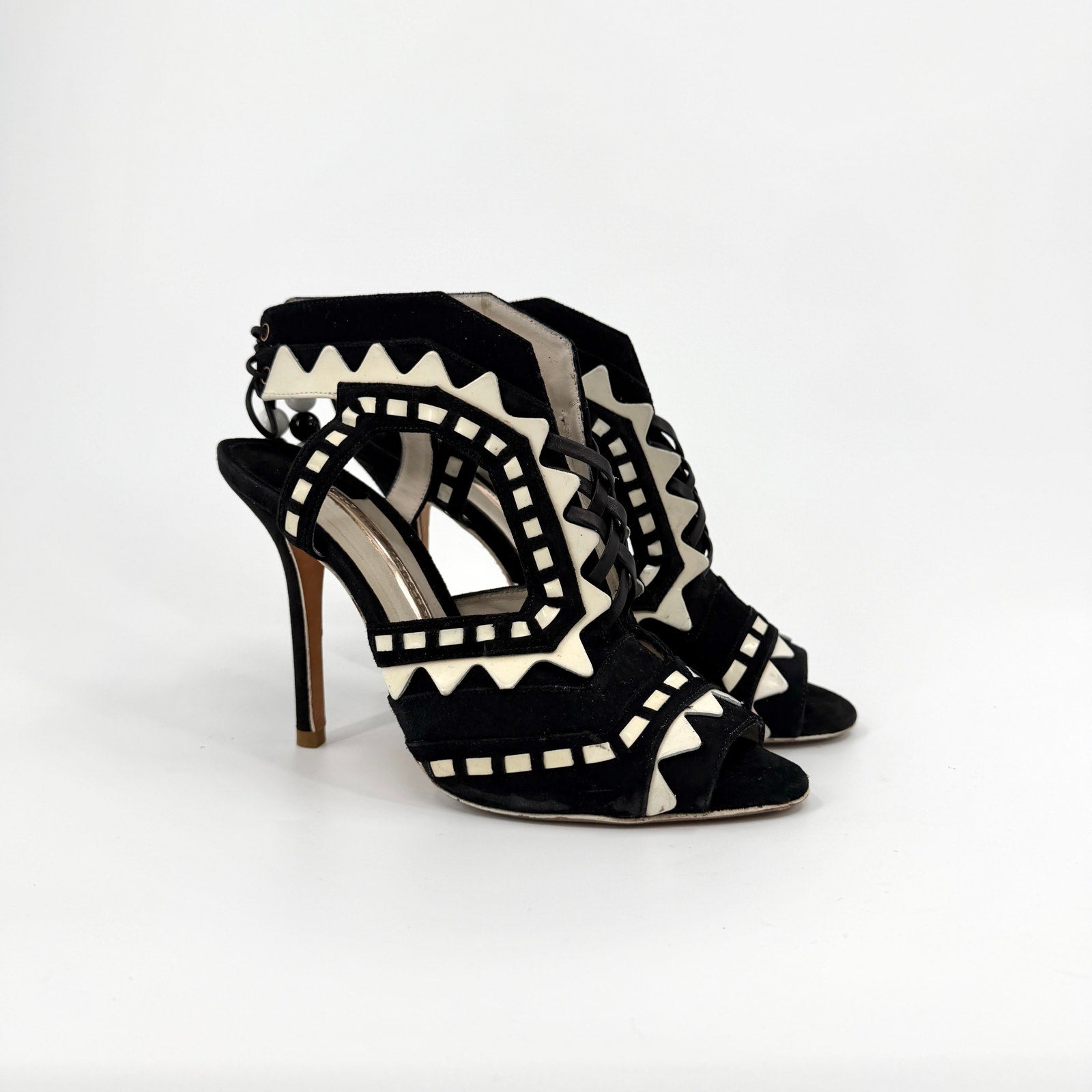 Sophia Webster Black White Genuine Suede Riko Lace Up Stiletto Sandals