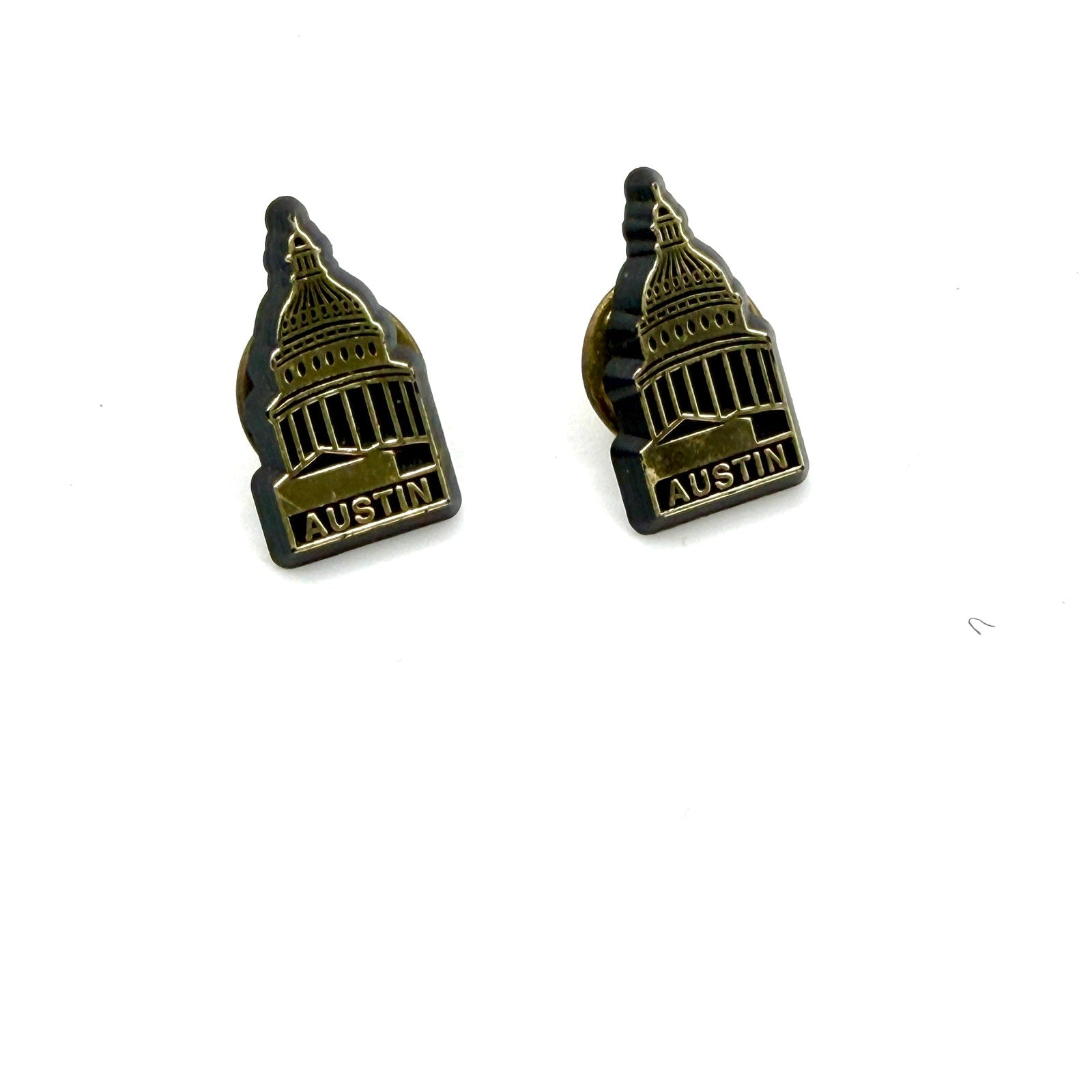 Vintage 80s Gold Tone Austin Texas Capitol Stamped Lapel Tack Pins Pair