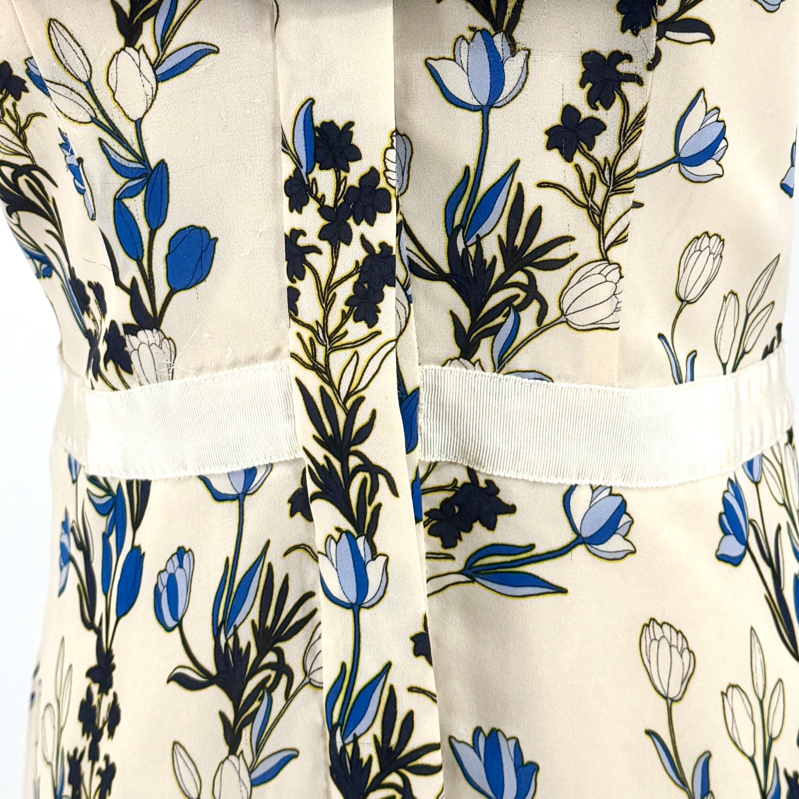 Draper James Navy Blue Cream Floral 100% Silk Lace Sleeve Shirt Dress