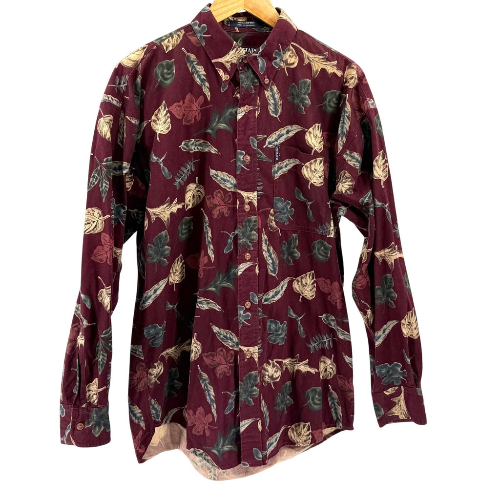 Vintage 90s Chaps Ralph Lauren Maroon 100% Cotton Leaf Print Button Up