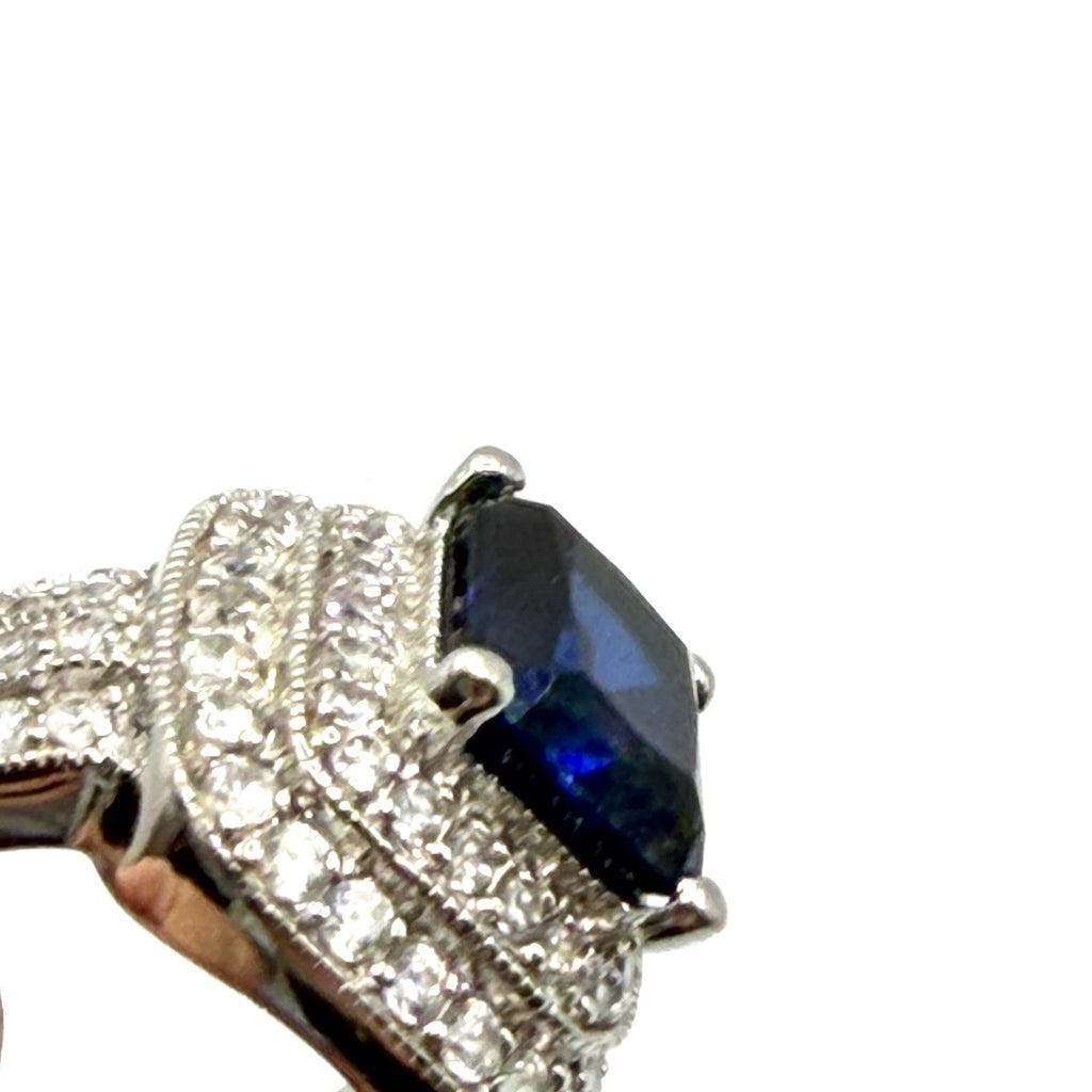 Vintage Y2K Sterling Silver Sapphire CZ Halo Pave Statement Ring