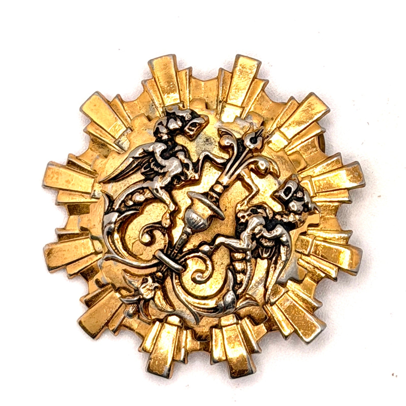 Vintage 60s Coro Gold Silver Tone Metal Heraldic Sunburst Signed Brooch