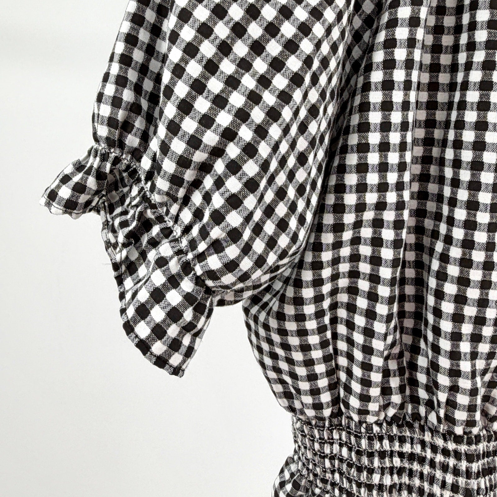 Buffalo David Bitton Black White Gingham Smocked Off-Shoulder Top