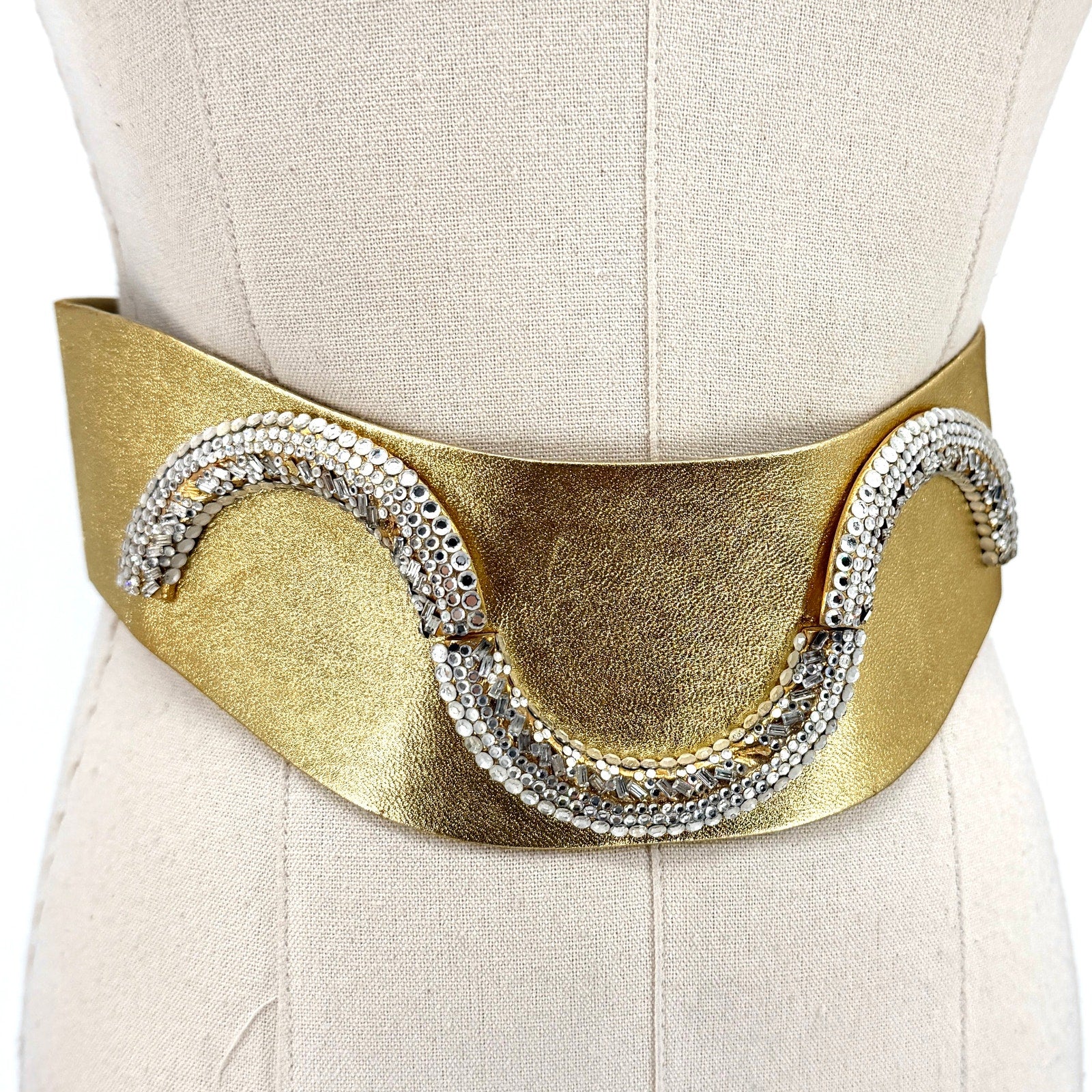 Vintage 80s Henryks Bijoux Gold Genuine Leather Austrian Crystal Belt