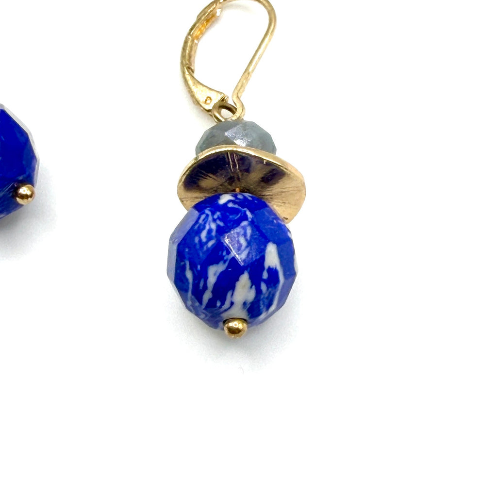 Gold Blue Marbled Stone Stacked Gold Leverback Drop Earrings