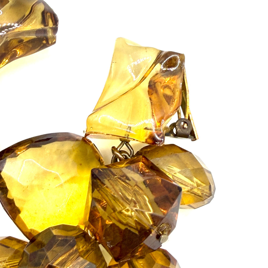Vintage 80s Amber Lucite Massive Cluster Cascade Statement Clip On Earrings