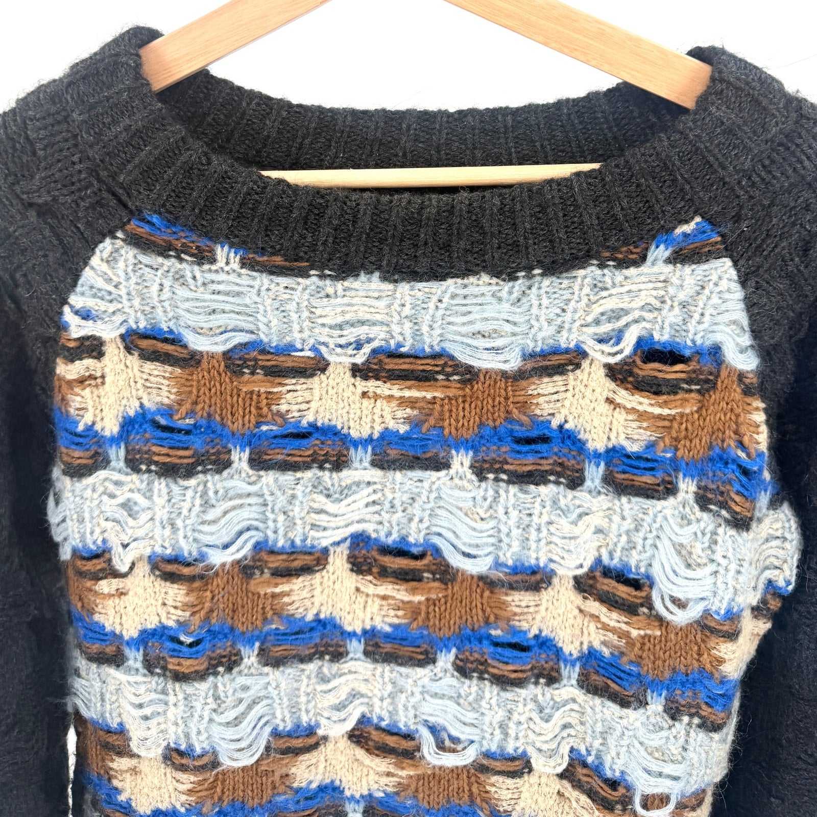 O'2nd Blue Black Grunge Deconstructed Distressed Open Knit Sweater