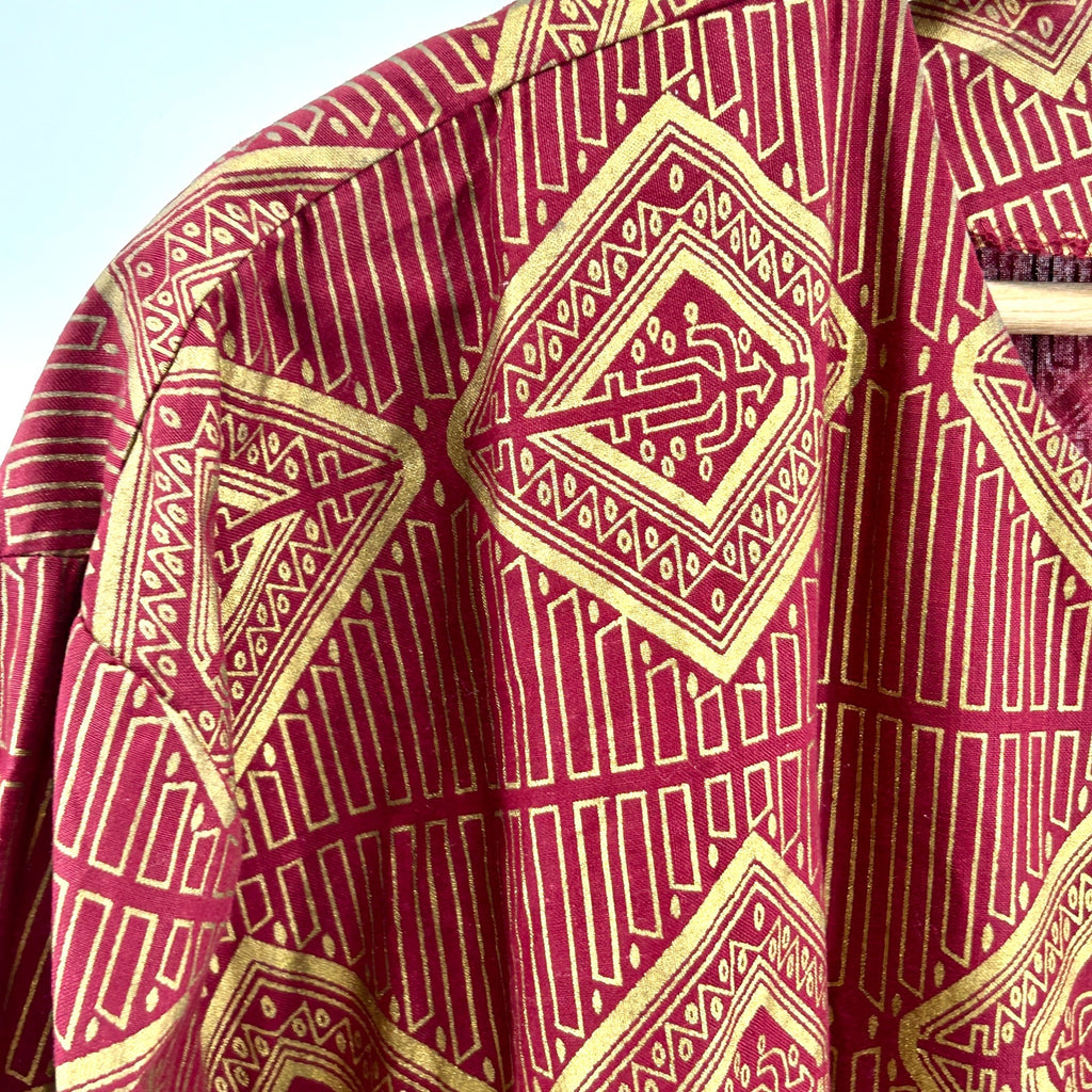 Vintage 90s Homeland Authentics Maroon Gold Tribal Metallic Cotton Jacket
