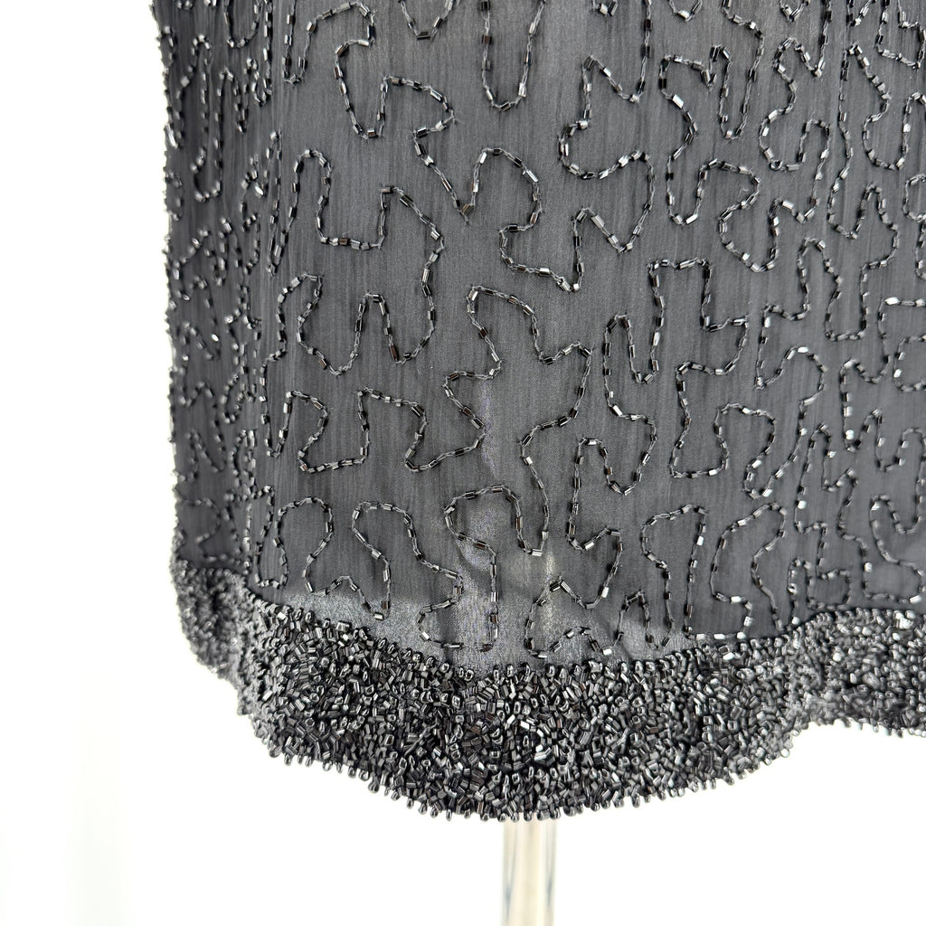 Vintage 90s Laurence Kazar Black 100% Silk Fully Beaded Cocktail Mini Dress