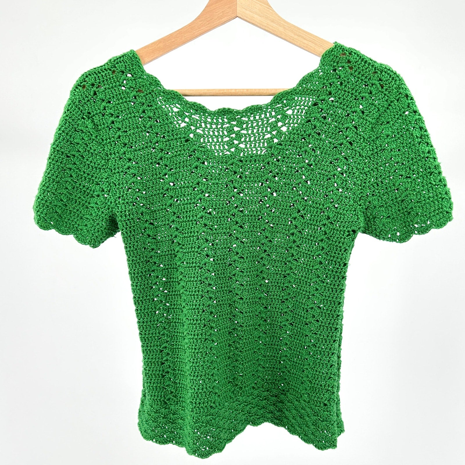 Kelly Green Crochet Open Weave Knit Top