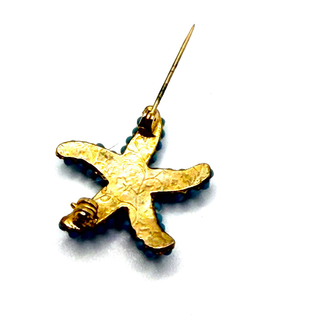 Vintage Gold Tone Turquoise Blue Beaded Starfish Novelty Brooch Pin