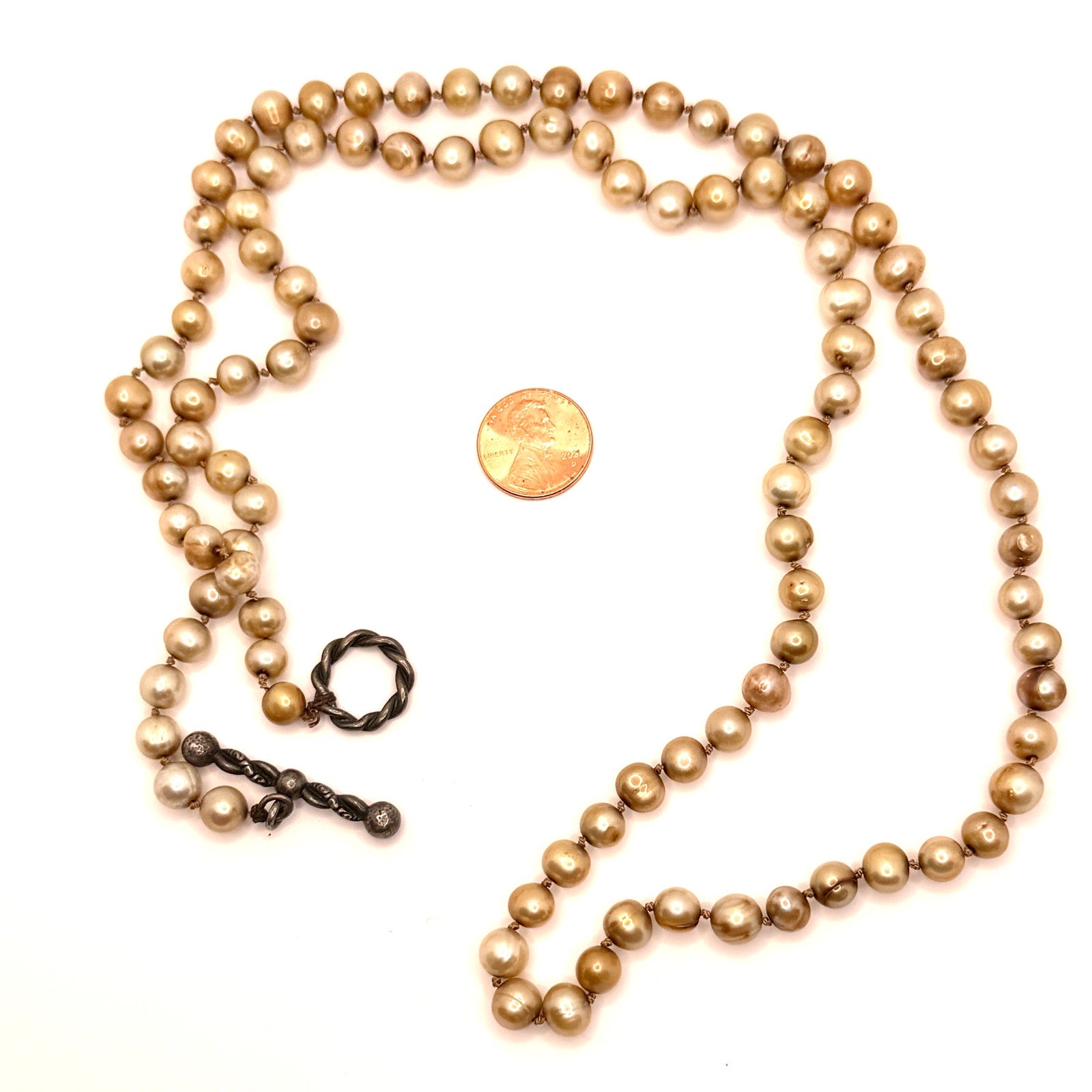 Vintage 90s Champagne Genuine Pearl Hand Knotted Rope Statement Necklace