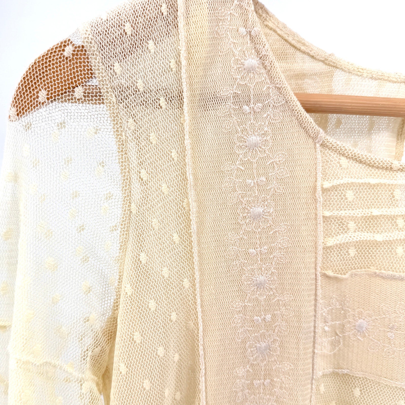 American Rag Cream Lace Pointelle Mesh Ruffle Blouse