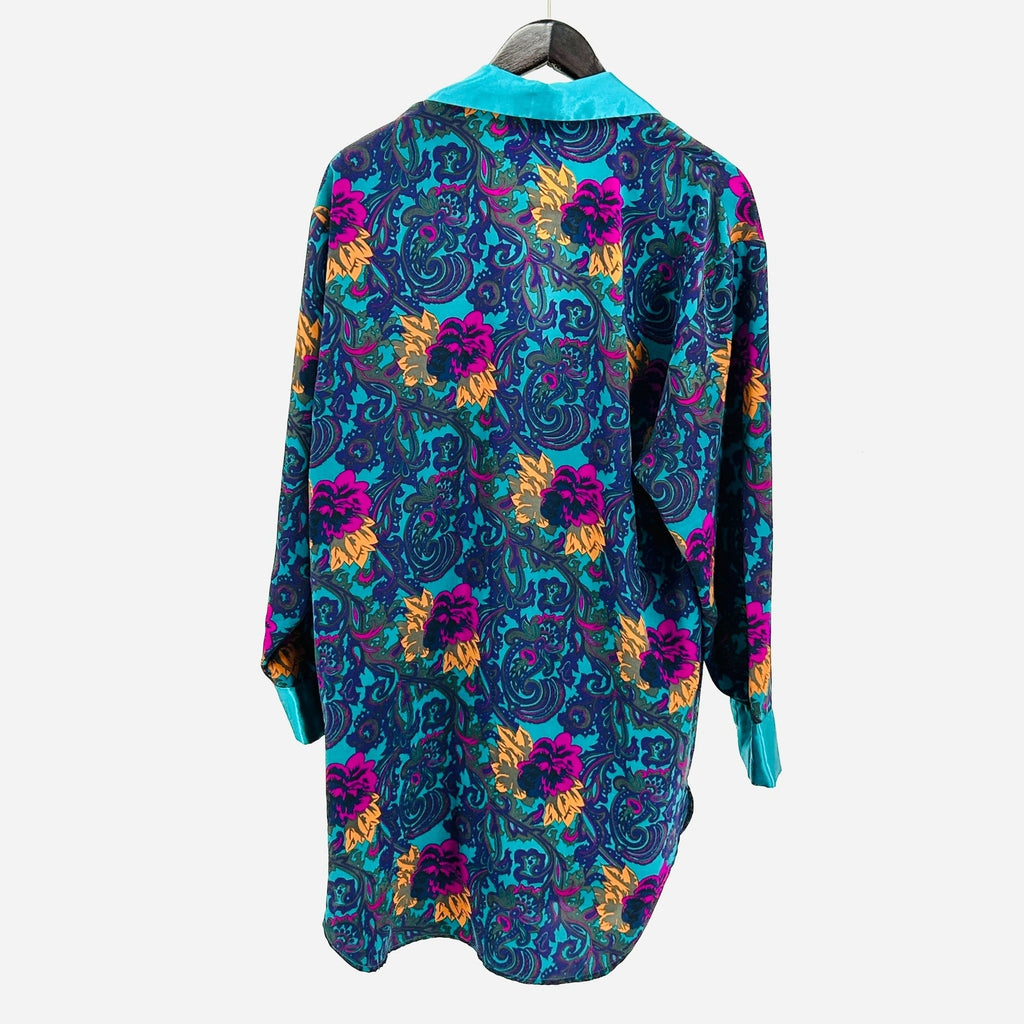 Vintage 90s Victoria's Secret Teal Floral Satin Lapel Sleepwear Robe