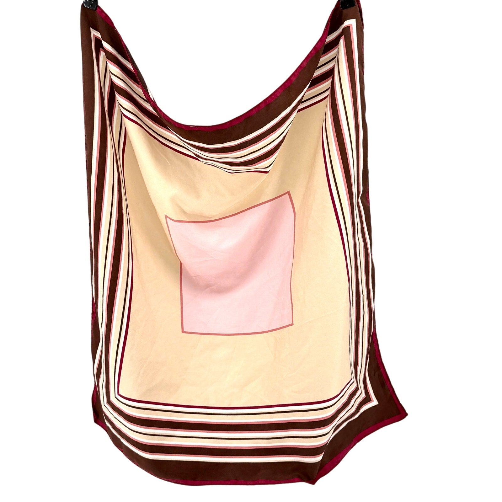 Vintage 70s Pink Brown Stripe Geometric Hand Rolled Square Scarf