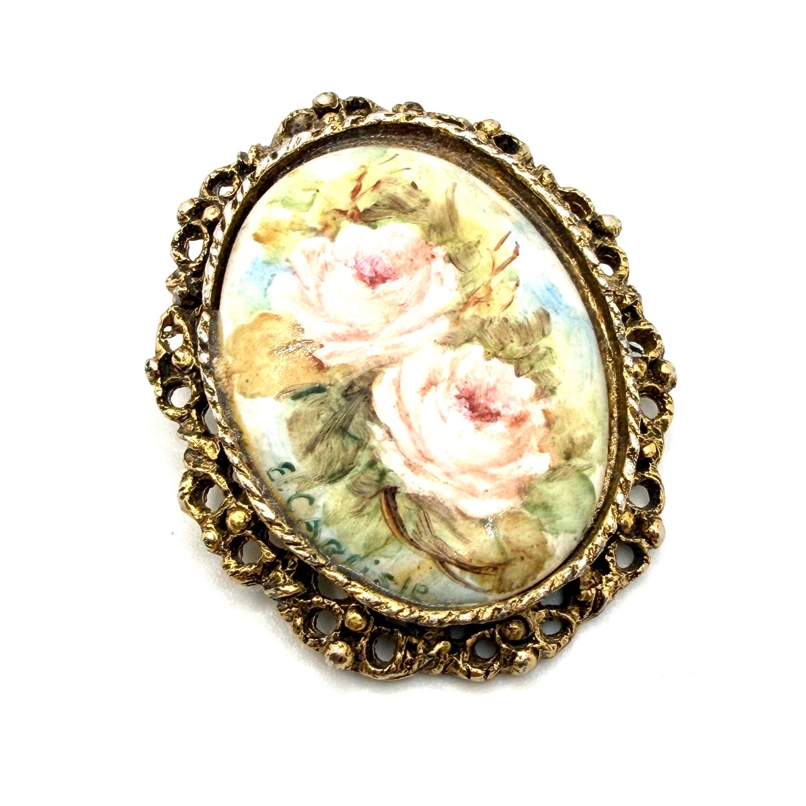 Vintage 60s Artist Signed Floral Porcelain Romantic Hand Painted Brooch