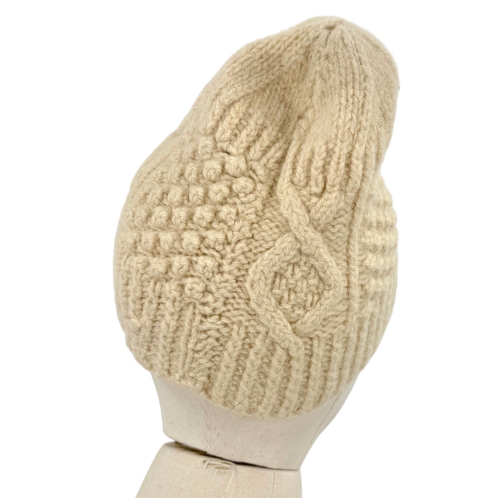 Vintage 70s Handmade Cream 100% Wool Cable Knit Beanie